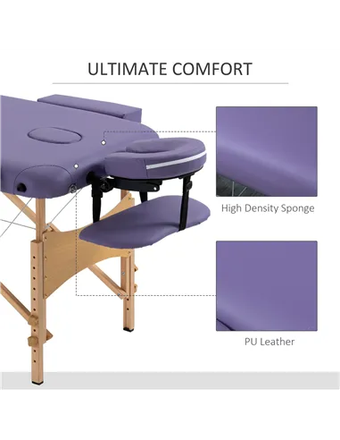 HOMCOM Portable Massage Bed, Folding Spa Beauty Massage Table with 2 Sections, Carry Bag and Wooden Frame, Purple