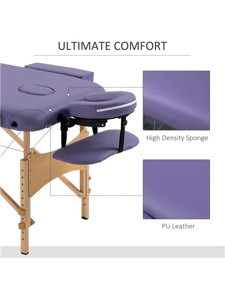 HOMCOM Portable Massage Bed, Folding Spa Beauty Massage Table with 2 Sections, Carry Bag and Wooden Frame, Purple