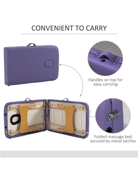 HOMCOM Portable Massage Bed, Folding Spa Beauty Massage Table with 2 Sections, Carry Bag and Wooden Frame, Purple
