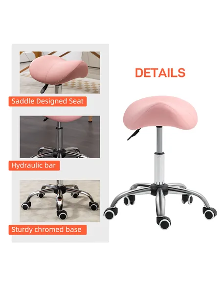 HOMCOM Saddle Stool, Height Adjustable Salon Chair for Massage Spa, Faux Leather, Pink