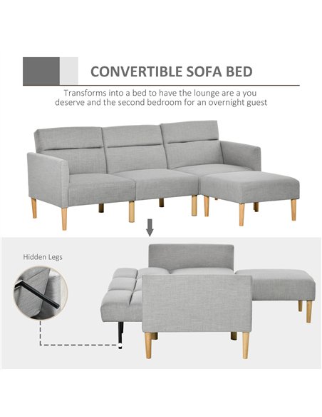 HOMCOM L Shape Sofa Bed Set, Linen Fabric Corner Sofa Bed with Rubber Wood Legs and Footstool, Light Grey