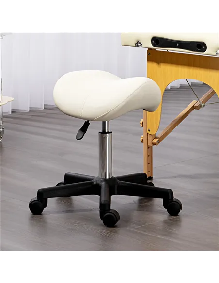 HOMCOM Saddle Stool, PU Leather Adjustable Rolling Salon Chair with Steel Frame for Massage, Spa, Beauty and Tattoo, White