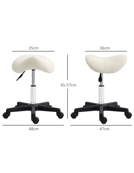 HOMCOM Saddle Stool, PU Leather Adjustable Rolling Salon Chair with Steel Frame for Massage, Spa, Beauty and Tattoo, White