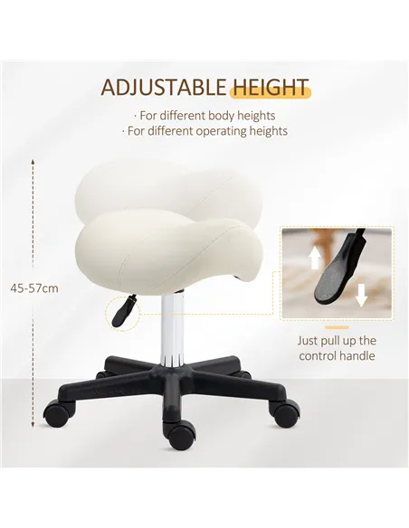 HOMCOM Saddle Stool, PU Leather Adjustable Rolling Salon Chair with Steel Frame for Massage, Spa, Beauty and Tattoo, White