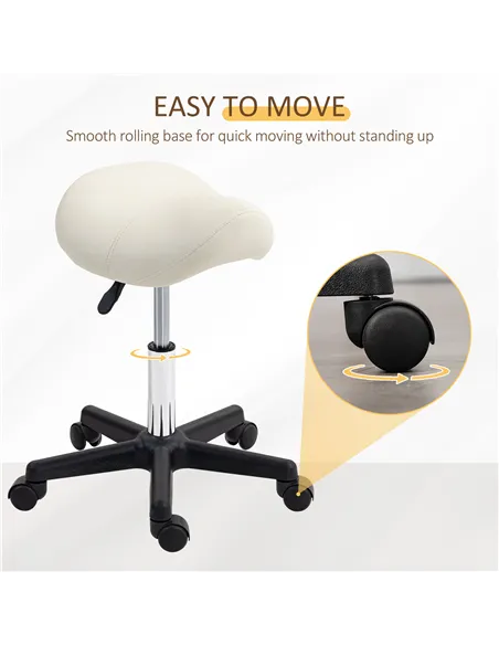 HOMCOM Saddle Stool, PU Leather Adjustable Rolling Salon Chair with Steel Frame for Massage, Spa, Beauty and Tattoo, White