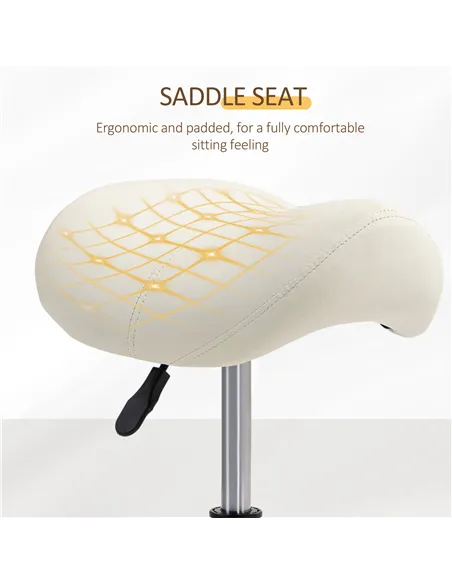 HOMCOM Saddle Stool, PU Leather Adjustable Rolling Salon Chair with Steel Frame for Massage, Spa, Beauty and Tattoo, White