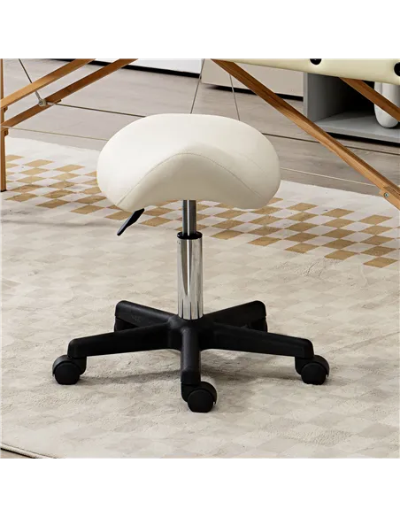 HOMCOM Saddle Stool, PU Leather Adjustable Rolling Salon Chair with Steel Frame for Massage, Spa, Beauty and Tattoo, White