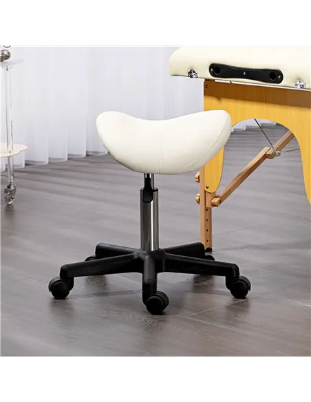 HOMCOM Saddle Stool, PU Leather Adjustable Rolling Salon Chair with Steel Frame for Massage, Spa, Beauty and Tattoo, White