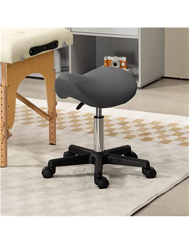 HOMCOM Saddle Stool, PU Leather Adjustable Rolling Salon Chair with Steel Frame for Massage, Spa, Beauty and Tattoo, Grey