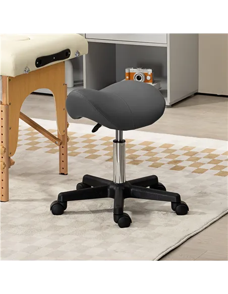 HOMCOM Saddle Stool, PU Leather Adjustable Rolling Salon Chair with Steel Frame for Massage, Spa, Beauty and Tattoo, Grey
