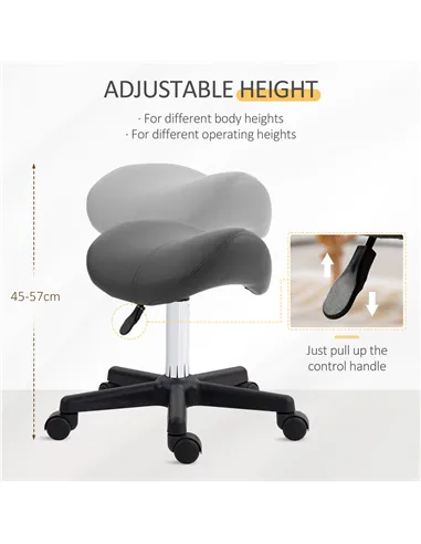 HOMCOM Saddle Stool, PU Leather Adjustable Rolling Salon Chair with Steel Frame for Massage, Spa, Beauty and Tattoo, Grey