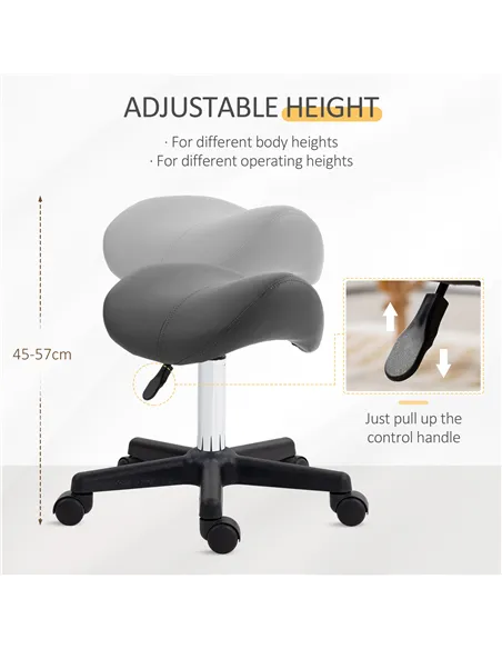 HOMCOM Saddle Stool, PU Leather Adjustable Rolling Salon Chair with Steel Frame for Massage, Spa, Beauty and Tattoo, Grey