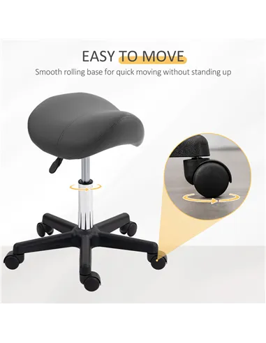 HOMCOM Saddle Stool, PU Leather Adjustable Rolling Salon Chair with Steel Frame for Massage, Spa, Beauty and Tattoo, Grey