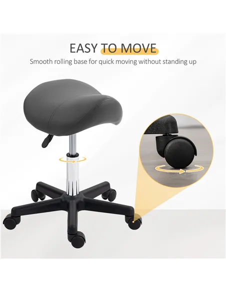 HOMCOM Saddle Stool, PU Leather Adjustable Rolling Salon Chair with Steel Frame for Massage, Spa, Beauty and Tattoo, Grey