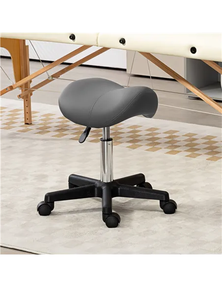 HOMCOM Saddle Stool, PU Leather Adjustable Rolling Salon Chair with Steel Frame for Massage, Spa, Beauty and Tattoo, Grey