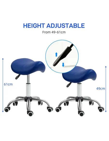 HOMCOM Saddle Stool, Height Adjustable Salon Chair for Massage Spa, Faux Leather, Dark Blue