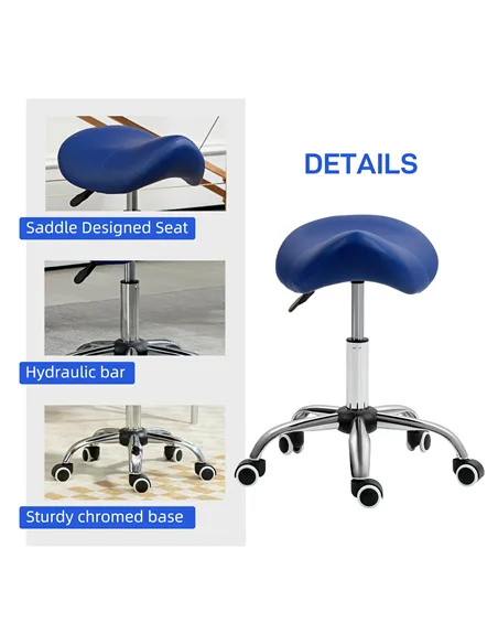 HOMCOM Saddle Stool, Height Adjustable Salon Chair for Massage Spa, Faux Leather, Dark Blue