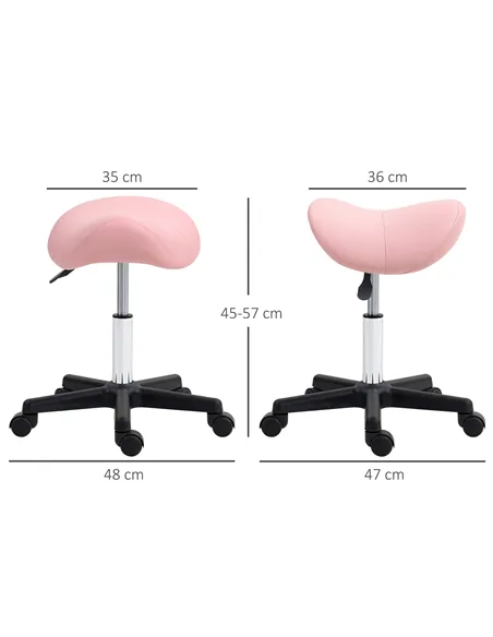HOMCOM Saddle Stool, PU Leather Adjustable Rolling Salon Chair with Steel Frame for Massage, Spa, Beauty and Tattoo, Pink