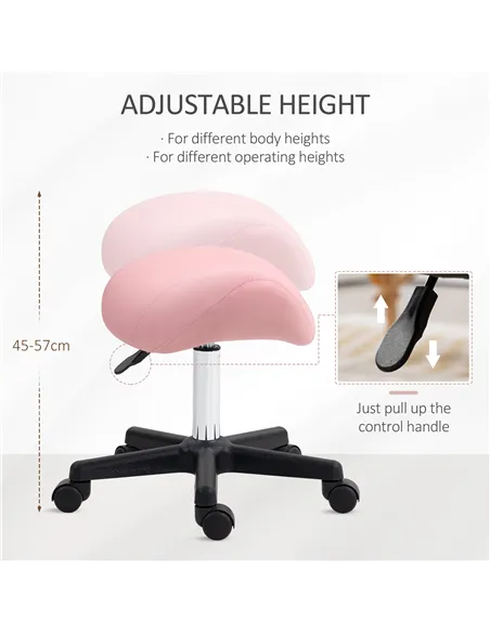 HOMCOM Saddle Stool, PU Leather Adjustable Rolling Salon Chair with Steel Frame for Massage, Spa, Beauty and Tattoo, Pink