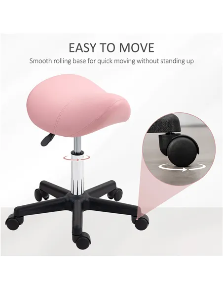 HOMCOM Saddle Stool, PU Leather Adjustable Rolling Salon Chair with Steel Frame for Massage, Spa, Beauty and Tattoo, Pink