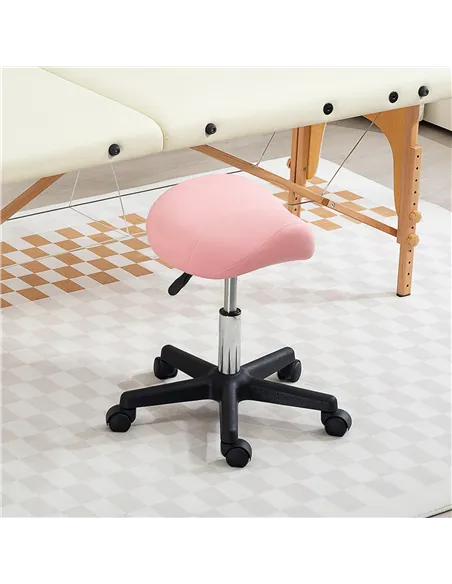 HOMCOM Saddle Stool, PU Leather Adjustable Rolling Salon Chair with Steel Frame for Massage, Spa, Beauty and Tattoo, Pink
