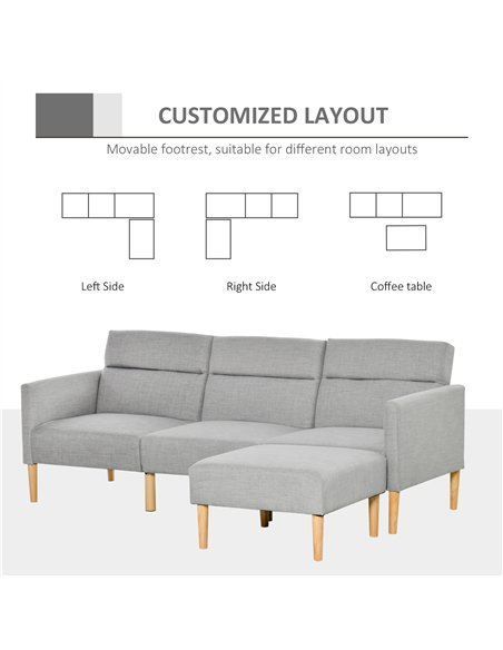 HOMCOM L Shape Sofa Bed Set, Linen Fabric Corner Sofa Bed with Rubber Wood Legs and Footstool, Light Grey