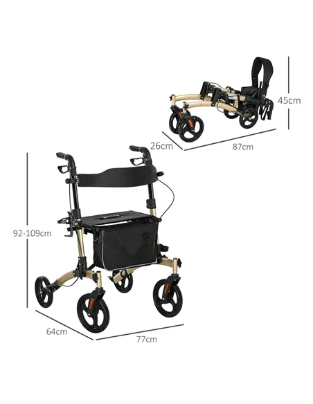 HOMCOM Folding Rollator with Cane Holder, Adjustable Handle Height and Aluminum Frame, 4 Wheeled Mobility Walker with Seat and B
