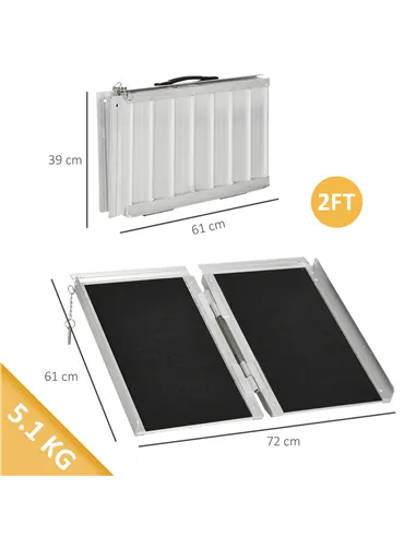 HOMCOM 2ft Aluminium Duo Wheelchair Ramp Pushchair Mobility Assistance Folding w/ Carry Handle Locking Chain Portable 61L x 72W 