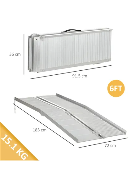 HOMCOM Textured Aluminum Folding Wheelchair Ramp, 183 x 72 cm Portable Threshold Ramp, for Scooter Steps Home Stairs Doorways