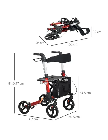 HOMCOM Folding Rollator Walker with Seat and Backrest, Lightweight Walking Frame with Detachable Storage Bag, Dual Brakes, Adjus