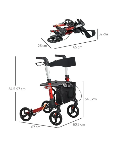 HOMCOM Folding Rollator Walker with Seat and Backrest, Lightweight Walking Frame with Detachable Storage Bag, Dual Brakes, Adjus