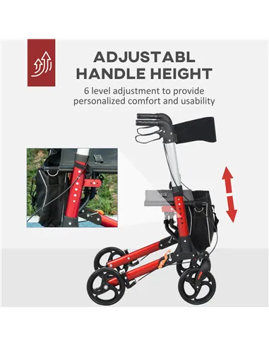 HOMCOM Folding Rollator Walker with Seat and Backrest, Lightweight Walking Frame with Detachable Storage Bag, Dual Brakes, Adjus