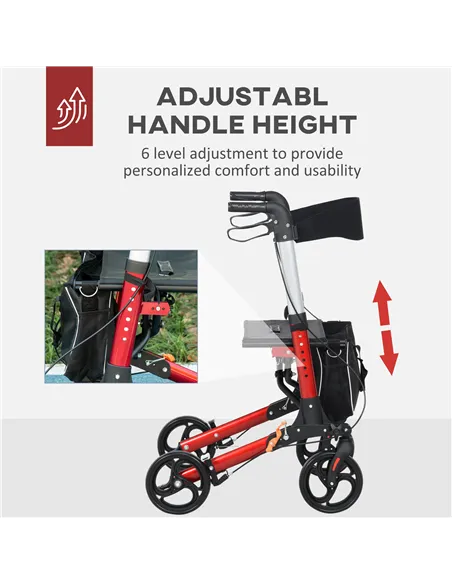 HOMCOM Folding Rollator Walker with Seat and Backrest, Lightweight Walking Frame with Detachable Storage Bag, Dual Brakes, Adjus