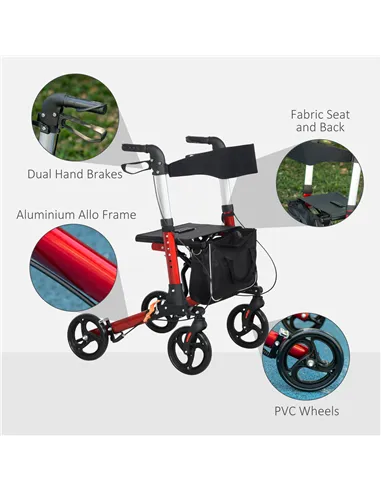 HOMCOM Folding Rollator Walker with Seat and Backrest, Lightweight Walking Frame with Detachable Storage Bag, Dual Brakes, Adjus