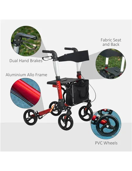 HOMCOM Folding Rollator Walker with Seat and Backrest, Lightweight Walking Frame with Detachable Storage Bag, Dual Brakes, Adjus