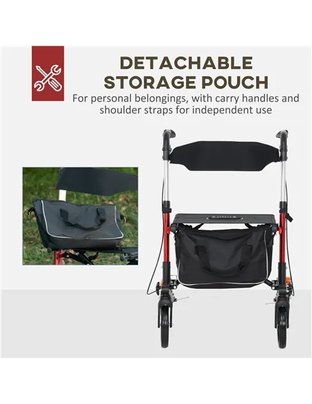 HOMCOM Folding Rollator Walker with Seat and Backrest, Lightweight Walking Frame with Detachable Storage Bag, Dual Brakes, Adjus