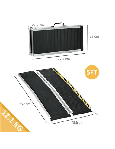 HOMCOM Wheelchair Ramp, 152L x 73Wcm, 272KG Capacity, Folding Aluminium Threshold Ramp with Non-Skid Surface, Transition Plates 