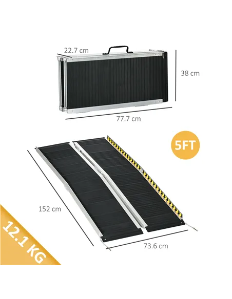 HOMCOM Wheelchair Ramp, 152L x 73Wcm, 272KG Capacity, Folding Aluminium Threshold Ramp with Non-Skid Surface, Transition Plates 