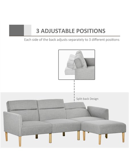 HOMCOM L Shape Sofa Bed Set, Linen Fabric Corner Sofa Bed with Rubber Wood Legs and Footstool, Light Grey