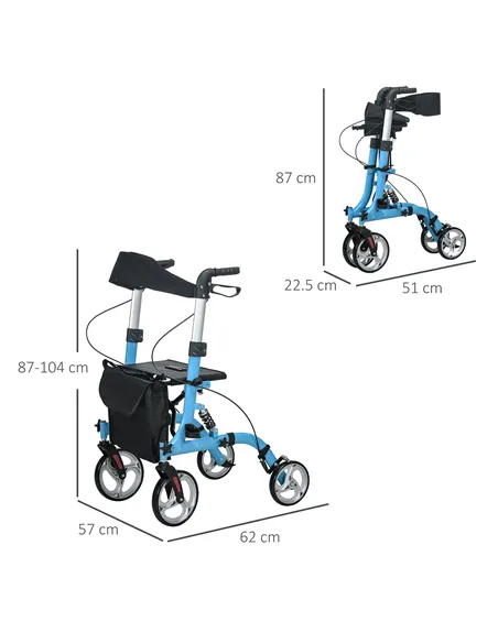 HOMCOM 4 Wheel Rollator with Seat and Back, Lightweight Folding Mobility Walker with Large Wheels, Carry Bag, Adjustable Height,