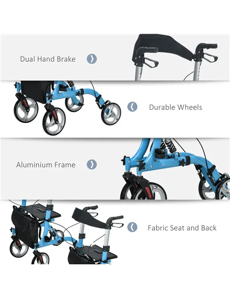 HOMCOM 4 Wheel Rollator with Seat and Back, Lightweight Folding Mobility Walker with Large Wheels, Carry Bag, Adjustable Height,