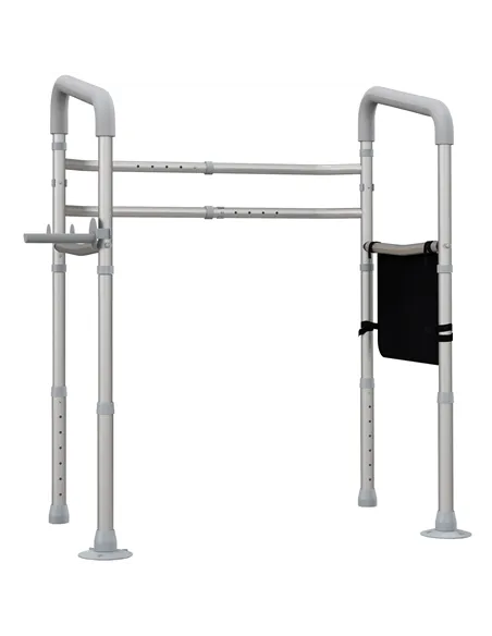 HOMCOM Free Standing Toilet Frame, Height and Width Adjustable Toilet Safety Frame with Arms, 2 Additional Suction Cups, Storage