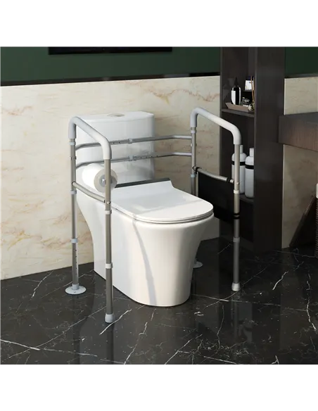 HOMCOM Free Standing Toilet Frame, Height and Width Adjustable Toilet Safety Frame with Arms, 2 Additional Suction Cups, Storage