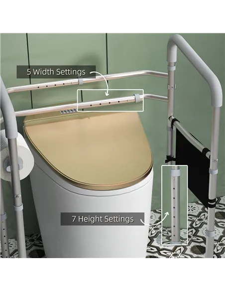 HOMCOM Free Standing Toilet Frame, Height and Width Adjustable Toilet Safety Frame with Arms, 2 Additional Suction Cups, Storage