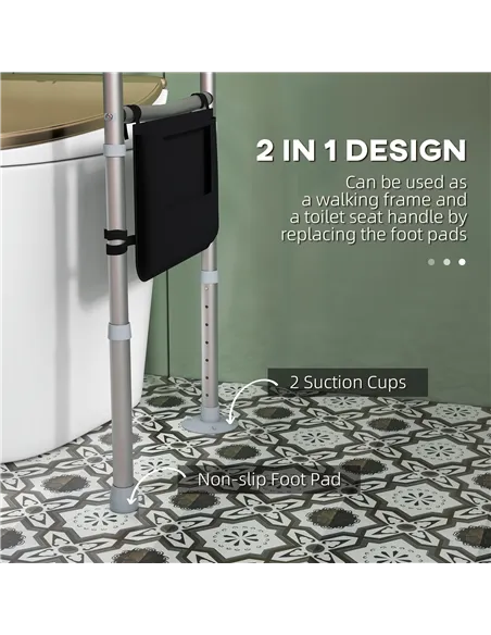 HOMCOM Free Standing Toilet Frame, Height and Width Adjustable Toilet Safety Frame with Arms, 2 Additional Suction Cups, Storage