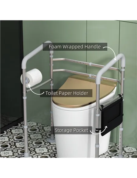 HOMCOM Free Standing Toilet Frame, Height and Width Adjustable Toilet Safety Frame with Arms, 2 Additional Suction Cups, Storage