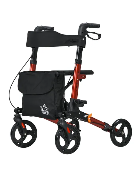 HOMCOM 4 Wheel Rollator with Seat and Back, Folding Mobility Walker with Carry Bag, Adjustable Height, Dual Brakes, Cane Holder,