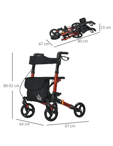 HOMCOM 4 Wheel Rollator with Seat and Back, Folding Mobility Walker with Carry Bag, Adjustable Height, Dual Brakes, Cane Holder,