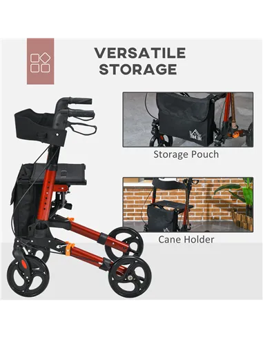 HOMCOM 4 Wheel Rollator with Seat and Back, Folding Mobility Walker with Carry Bag, Adjustable Height, Dual Brakes, Cane Holder,