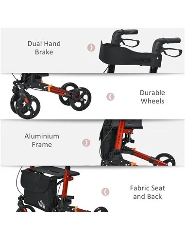HOMCOM 4 Wheel Rollator with Seat and Back, Folding Mobility Walker with Carry Bag, Adjustable Height, Dual Brakes, Cane Holder,